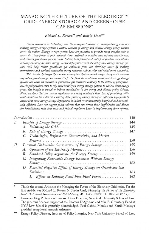 Managing the Future of the Electricity Grid: Energy Storage and Greenhouse Gas Emissions Cover
